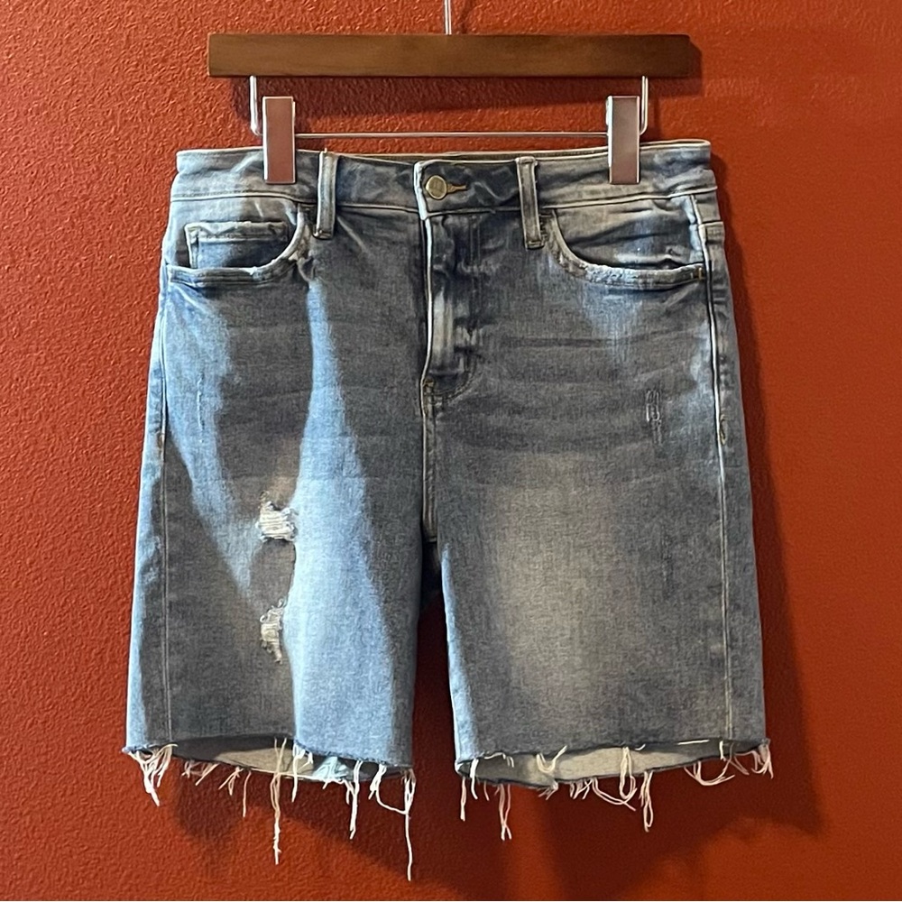 Bayeas‎ Los Angeles Women’s High Rise Raw Hem Blue Distressed Hiking Jean Shorts